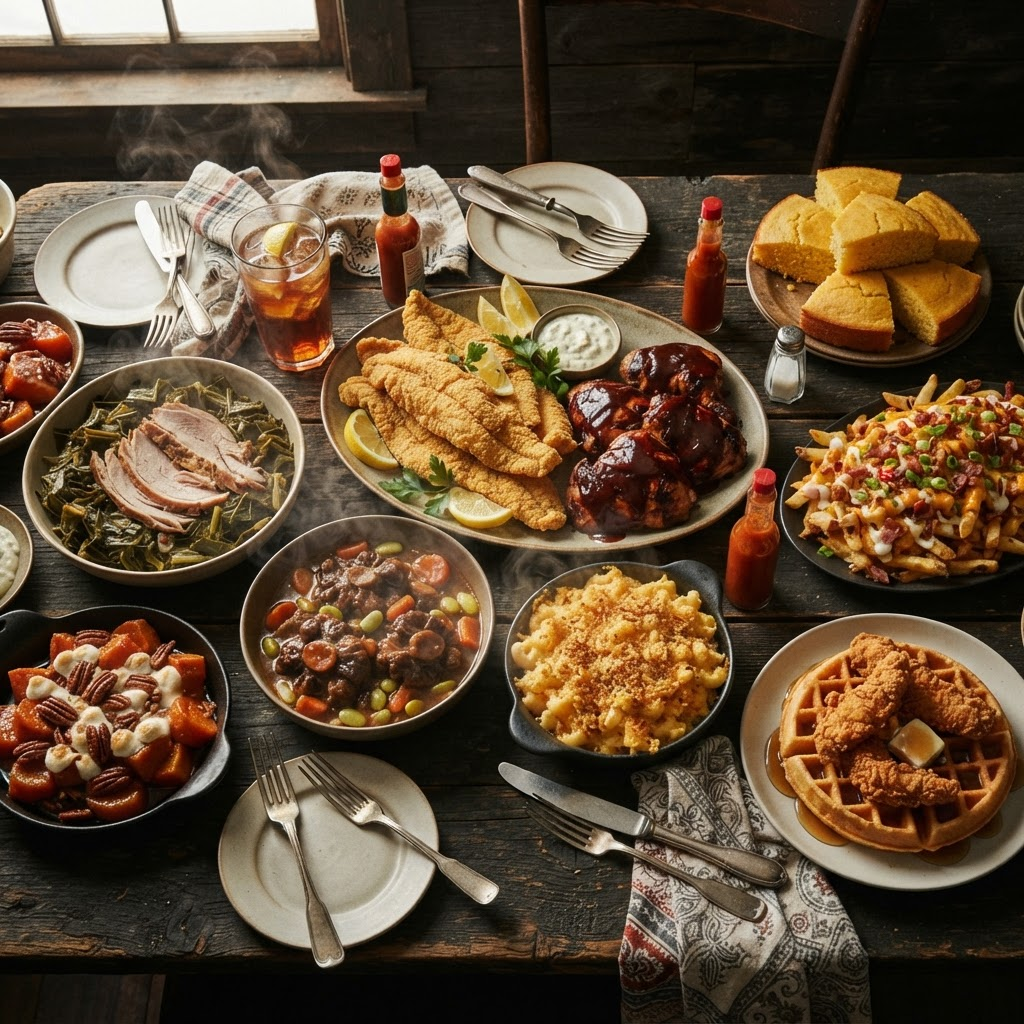 An overhead spread of soul food: fried fish, BBQ chicken, oxtail, mac and cheese, collard greens and loaded fries
